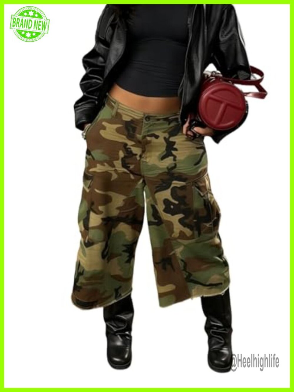 High Waisted Camo Cargo Capri Pants Wide Leg Raw Hem Cropped